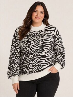 Adyson Parker‎ Pattern Mock Neck Sweater Black White 2X Modern Chic Edgy Casual